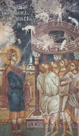 Saint George topples the pagan idols; Decani, 14th Century