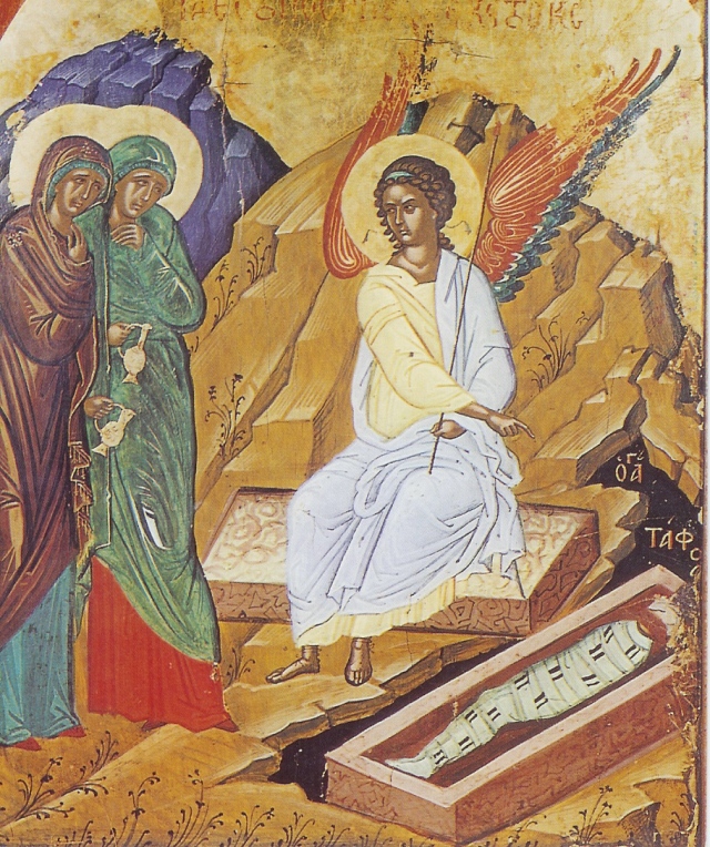 Icon showing the empty tomb and the angel appearing to the myrrh-bearing women. The Mother of God is on the far right.